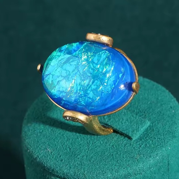 Imperial Blue Opal Ring Handcrafted Brass with Regal Elegance - Picture 2 of 4
